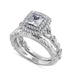 Sterling Silver Clear CZ Vintage Engagement Ring Set New